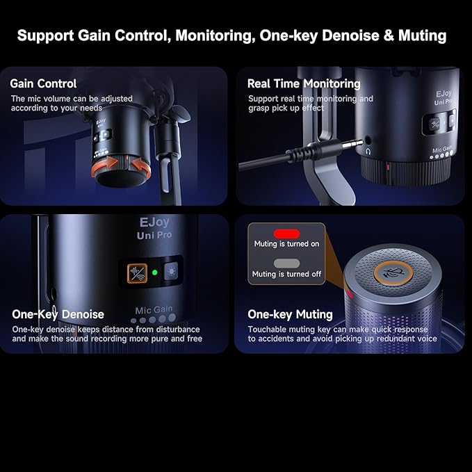 COMICA USB Microphone for Computer and Smartphone,48kHz/24bit RGB Cardioid Condenser Gaming Mic for Podcasting,Streaming,Recording,Music Creation,with Boom Arm Stand-Black(EJoy Uni A)