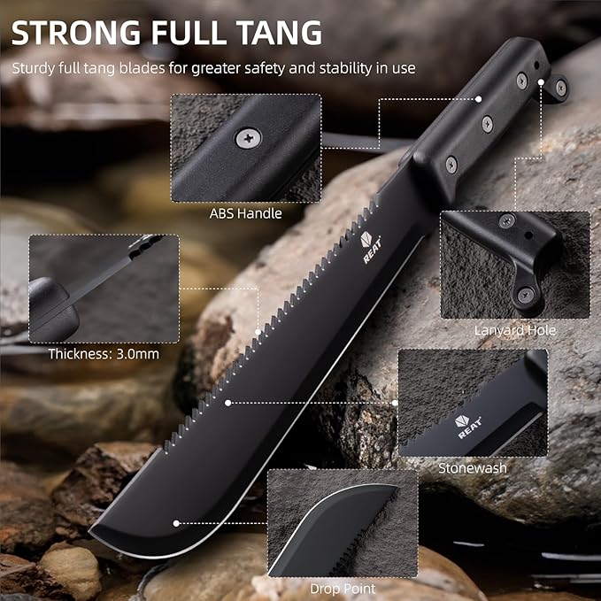 REAT Machete with Saw, 17" Full Tang Fixed Blade Hunting Knife with Sheath, Ergonomic No-Slip Handle,Machetes for Cutting Trees,Yard Work,Bushcraft, Survival