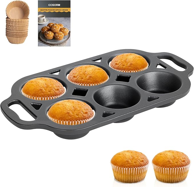COSORM 6 Cup Cast Iron Muffin Pan - Pre-Seasoned Nonstick Muffin Tin, Regular Size Cupcake Baking Pan