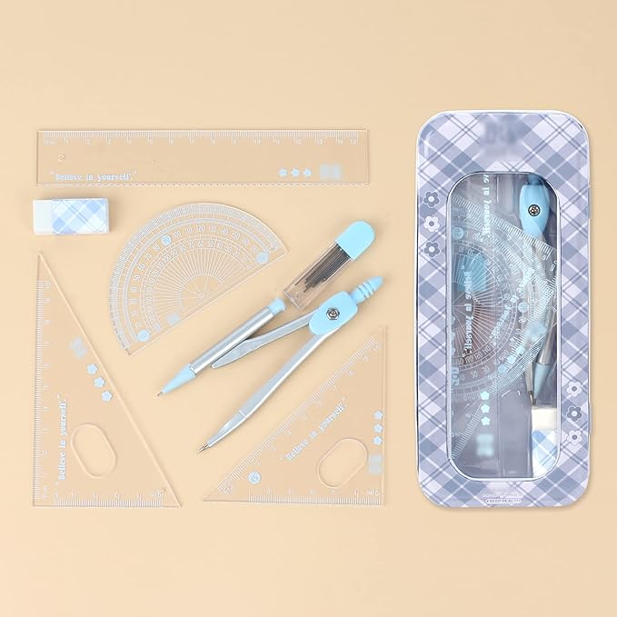 LABANCA 8 Pcs Compass Set with Protractor Rulers Pencil for Math Geometry (07434 Blue)