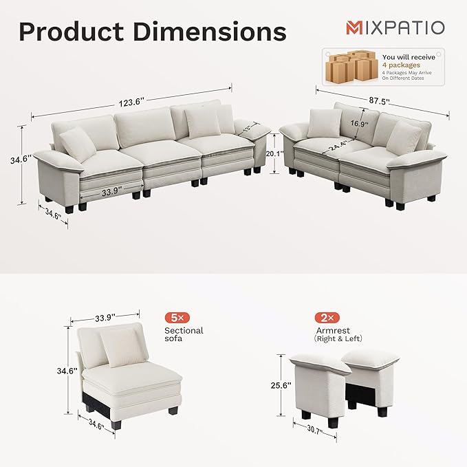 L-Shaped Cloud Modular Sofa Set with Chaise Lounge, 5-Piece Sectional & Deep Seat, Plush Chenille w/Removable Arms for Living Room - Beige