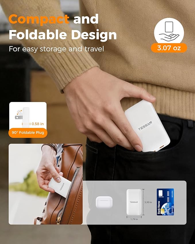 USB C Wall Charger Block PD 65W TESSAN Flat Fast Phone Charger Foldable | 2 USB C GaN Type C Fast Charging Block 0.58'' Ultra Slim Charger for iPhone 17/16/15 Series Samsung Galaxy Models Travel