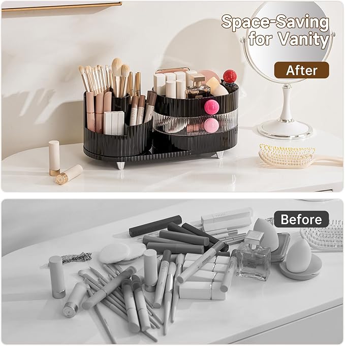 Makeup Organizer Countertop for Vanity with 360° Rotating Brush Holder, 3 Layer Cosmetic and Jewelry Storage, Makeup Display Case for Skincare&Perfume, Black