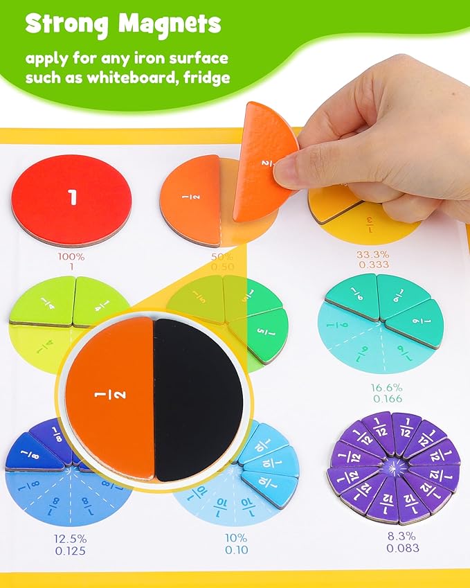D-FantiX Large Magnetic Fraction Demonstration Book, Magnetic Fraction Tiles & Fraction Circles Set with Dry Erase Activity Card, Montessori Fraction Manipulatives Learning Toys for Kids