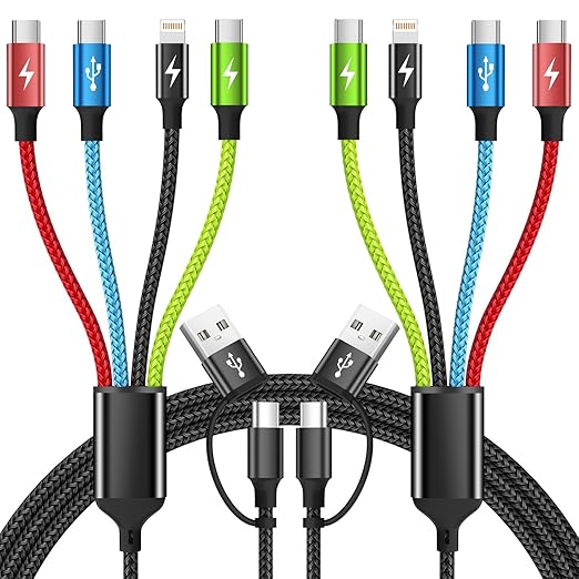 4 in 1 Multi Charging Cable 2 Pack 6FT Charging Cords for Devices | Nylon Braided USB C Car Charger Cable with Dual USB-C IP &amp Micro Ports Long Travel Charging Cord for Cars
