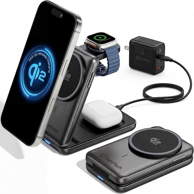 Qi2.2 Certified 3-in-1 Foldable Wireless Charging Station for Apple Devices with 65W Adapter 25W Fast Charging Dock Portable Magnetic Charger for iPhone 17-13 Apple Watch Series &amp AirPods