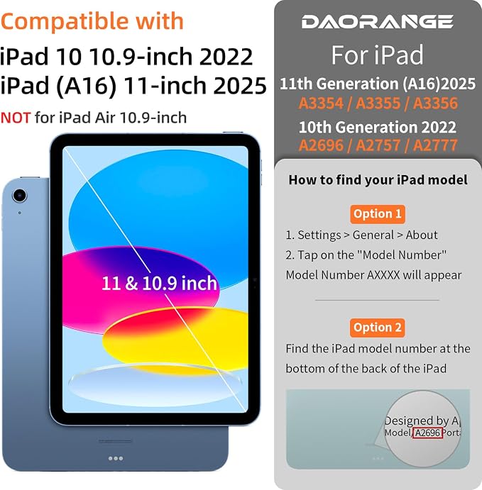 DAORANGE for iPad (A16) 11th Generation Case iPad 10th Gen Case Black | For iPad 11/10.9 Inch Case 2025/2022 Strong Magnetic Shockproof Case with Multi-Angle Stand Pen Holder Rugged &amp Durable