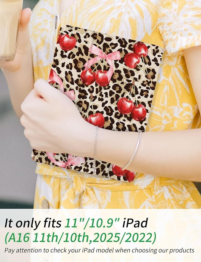Case for iPad 9th/ 8th/ 7th Generation Case 10.2&amp10.5 Inch (2021/2020/2019 Release) Slim Lightweight Soft Trifold Back Cover with Pencil Holder &amp Auto Sleep/Wake Cover Cherries Cheetah Bows
