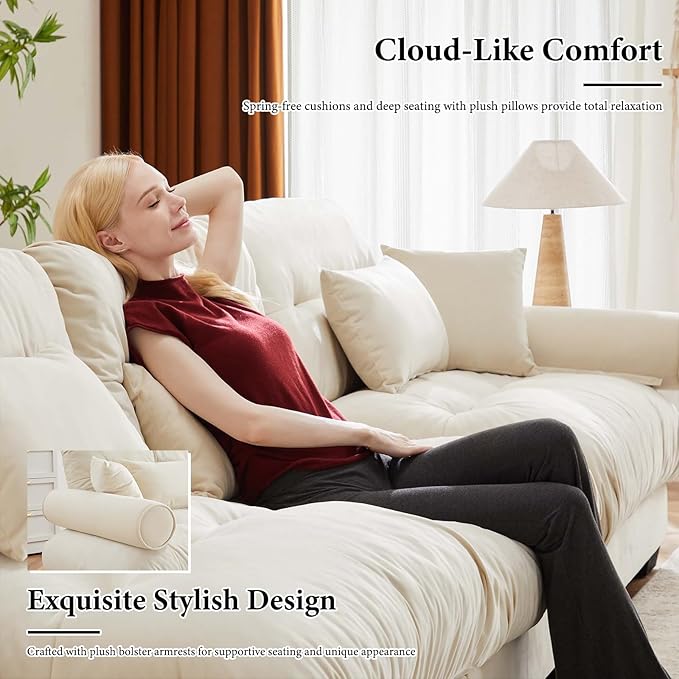 166" Oversized Couch, 4 Seater Modular Sectional Sofa, Beige White Large U Shaped Sectional Couches, Fluffy Couch Set, 4 Seater, Velvet Cloud Couches with Ottoman, Sofas for Living Room