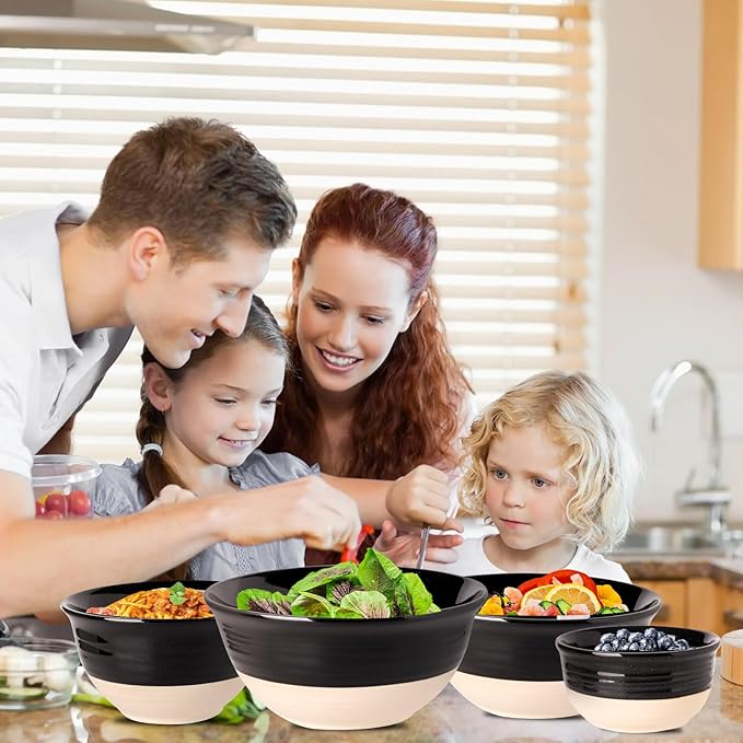 HASENSE Large Ceramic Mixing Bowls, 2.1/1.5/1.0/0.5 Qt Serving Bowls for Kitchen, Nesting Salad Bowls Set for Mixing, Cooking, Baking, Fruit, Side Dishes, Holiday Serving Dishes, Set of 4, Black