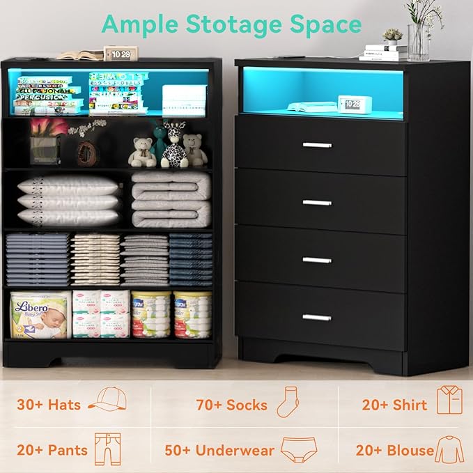 Dresser with Power Outlets and LED Lights Wooden 4 Drawer Dresser with Large Organizer Tall Black Drawer for Bedroom Modern Chest of Drawers Closet for Living Room Kids Room