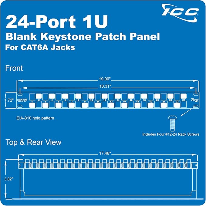 ICC 24-Port CAT6A Keystone 1U Patch Panel with CAT6A Keystone Jacks, 19” Rackmount Housing and Cable Support Bar, Staggered Ports to Reduce ANEXT, UL Listed PoE++ Compliant, ICMPP246AU