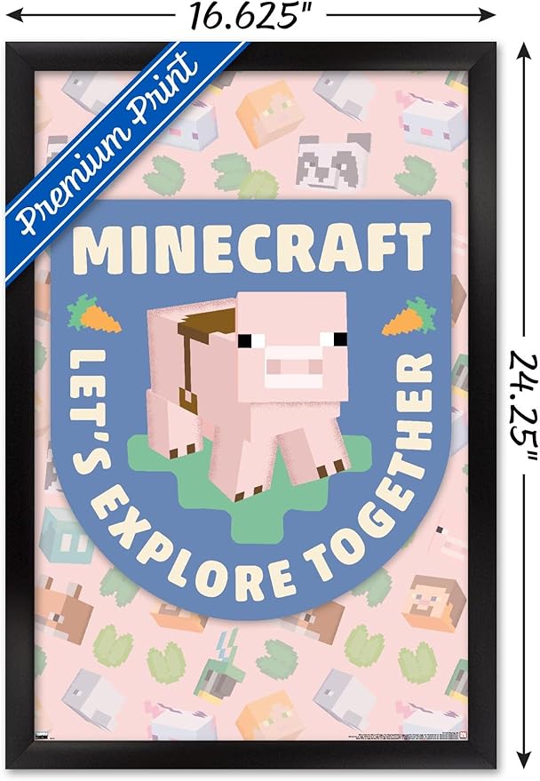 Trends International Minecraft - Let's Explore Together Wall Poster, 22.4L x 14.7W, Black Framed Version