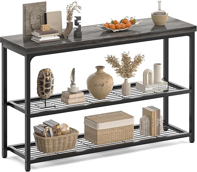 47" Console Table with Storage, 3-Tier Narrow Entryway Table, Sofa Table with Mesh Shelves, Console Tables for Living Room, Bedroom, Hallway, Entryway, Foyer, Oak Grey
