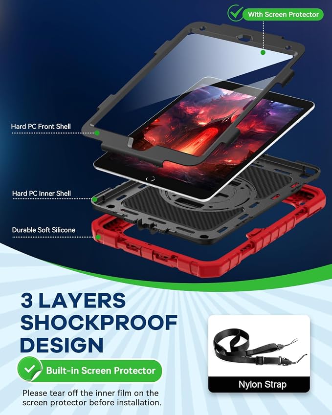 Cantis Case for iPad 9th/8th/7th Generation with Screen Protector iPad 10.2 Case 2021/2020/2019 with 360 Degree Rotating Stand/Shoulder Strap/Pencil Holder Alpine Green