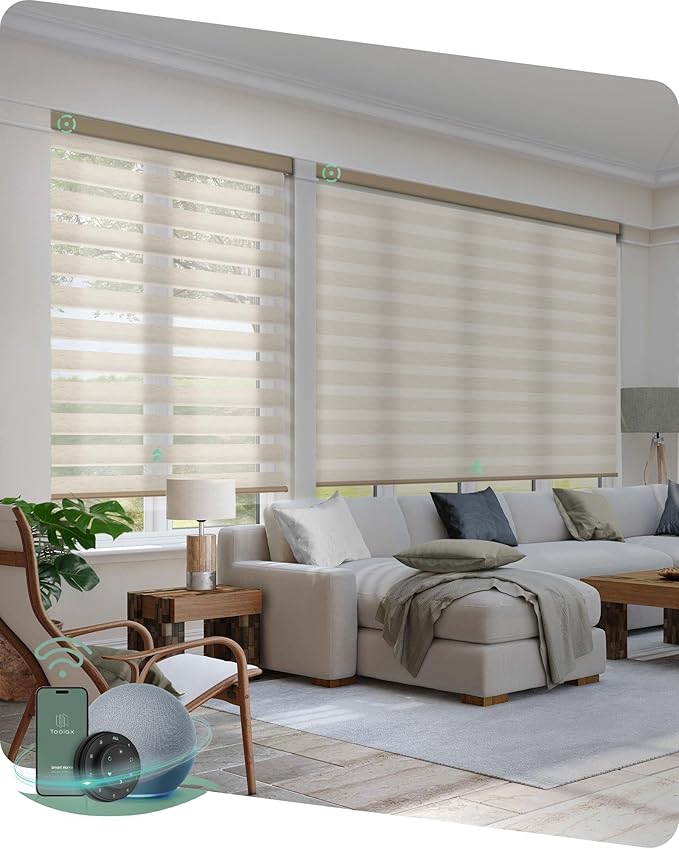 Yoolax Motorized Zebra Blinds Compatible with Alexa, Motorized Blinds with Remote Custom Size, Light Filtering Privacy Electric Zebra Shades for Windows (Linen Ivory)