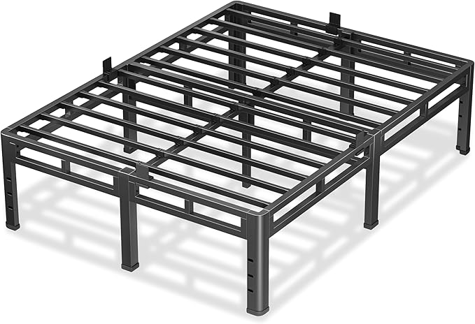 NKZ 18 Inch Queen Size Bed Frame, Metal Bed Frame & Box Spring 2 in 1 Platform with Round Corner Legs, 4000Lbs Heavy Duty Metal Frame, Mattress Slide Stopper, Headboard Hole, Noise-Free, Easy Assembly