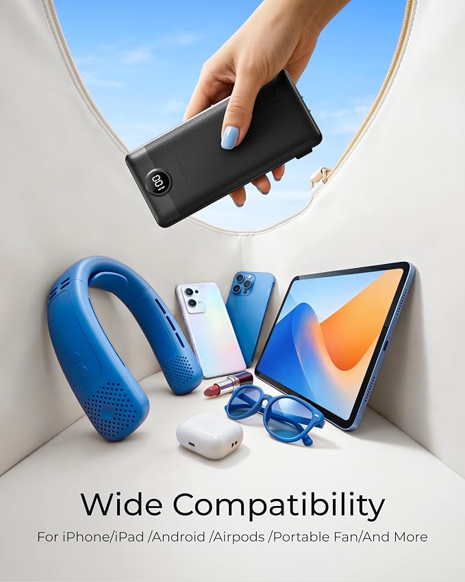 VEGER Portable Charger for iPhone Power Bank Built in Cable and Wall Plug | 10000mAhUltra Slim&ampCompact5 OutputsLED DisplayFlight-SafeTravel Essentials Battery Pack for iPhone 17iPad Samsun