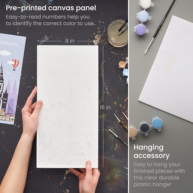 ARTEZA Paint by Numbers Kit – 8x16 in Tri-Panel Cities Scene with 3 Canvas Panels, 24 Acrylic Colors & 5 Brushes, Art Kit for Advanced Artists