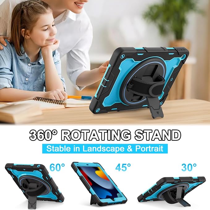 for iPad 9th 8th 7th Gen Case 10.2 inch with Screen Protector | 360° Rotating Kickstand Hand Strap Shoulder Strap Heavy Duty Military Grade - Kids Friendly