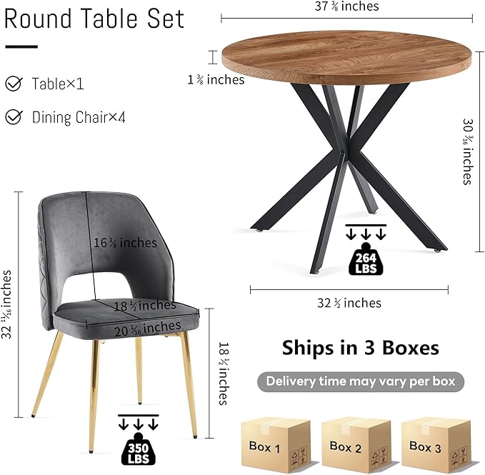 NORDICANA 5-Piece Dining Table Set for 4 - Space Saving 37-Inch Round Table and Chairs, 4 Seaters Dining Set with Upholstered Dining Chairs (Grey)