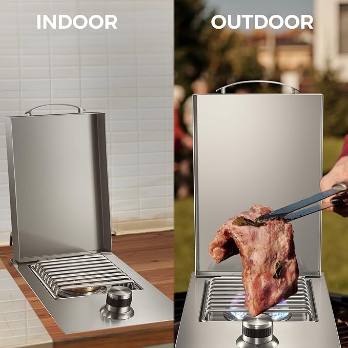 VEPURLT Outdoor Grill Drop-in Gas Single Side Grill Burner, 304 Stainless Steel, Built-in Side Burner for Propane Gas