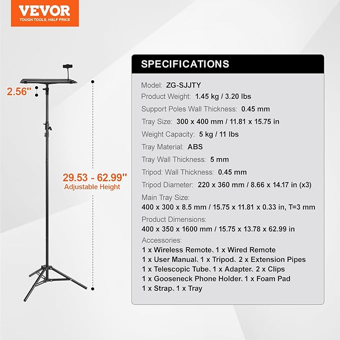 VEVOR Projector Stand, Laptop Stand Tripod Adjustable Height 26.97 to 63 in, Portable Projector Tripod with Tray & Gooseneck Phone Holder, for Outdoor Movies, Home, Office, Stage or Studio
