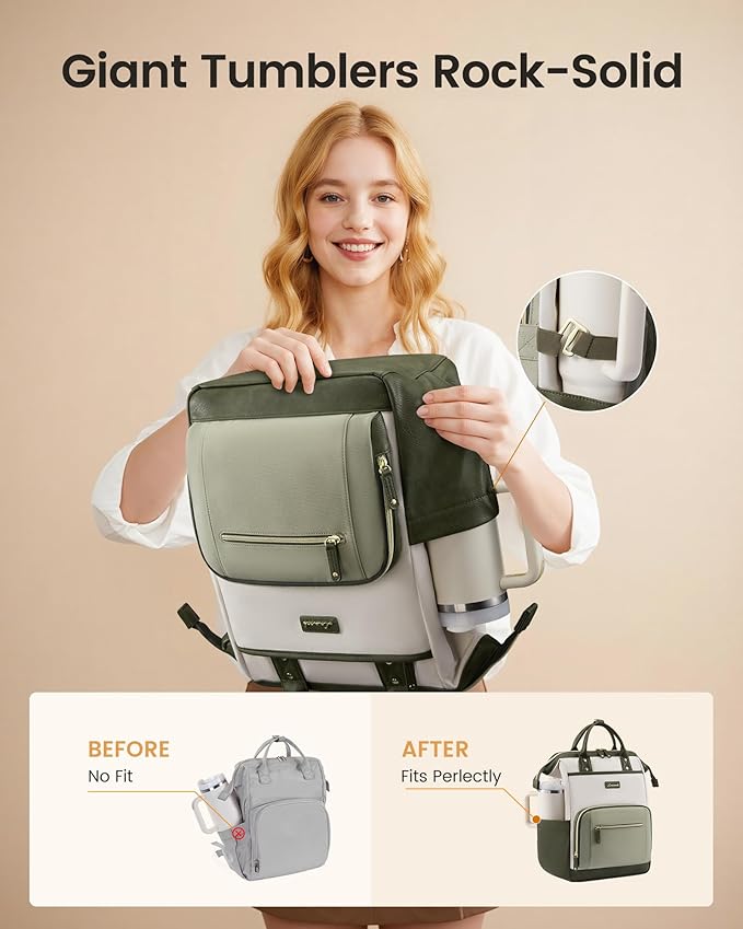 LOVEVOOK Laptop Backpack for Women with Giant Tumbler Holder,18 inch Professional Nurse Teacher Backpack Computer Laptop Bag,Cute Travel Backpack Purse Work College Bag,Beige-Bean green-Army green