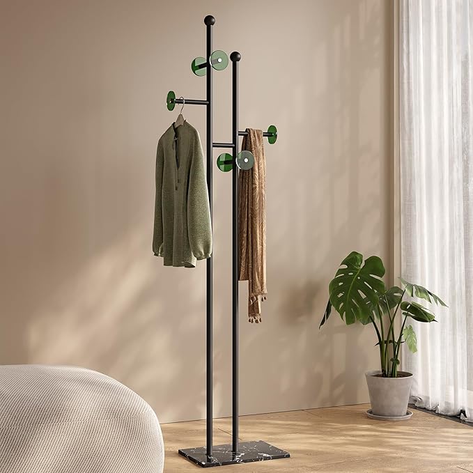 Standing Coat Rack with Marble Base & Round Acrylic Hooks Heavy Duty Clothes Hanger Rack Metal Coat Tree freestanding Hat Rack Stand for Clothes Hats Scarfs Purses