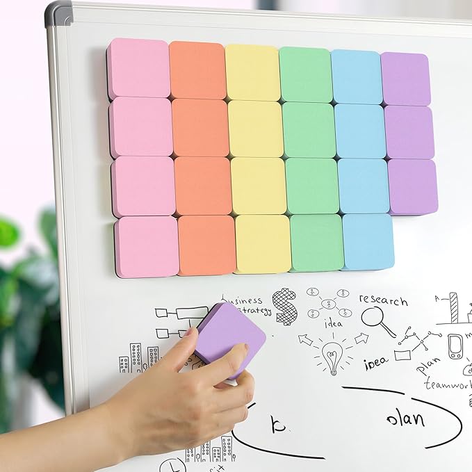 MaxGear Whiteboard Erasers Magnetic, 24 Pack Mini Dry Erase Erasers for Chalkboard, Strong Cleaning White Board Erasers Bulk for Office Classroom, Magnetic Backing, 6 Macaron Color, 2 x 2 x 0.6 Inch