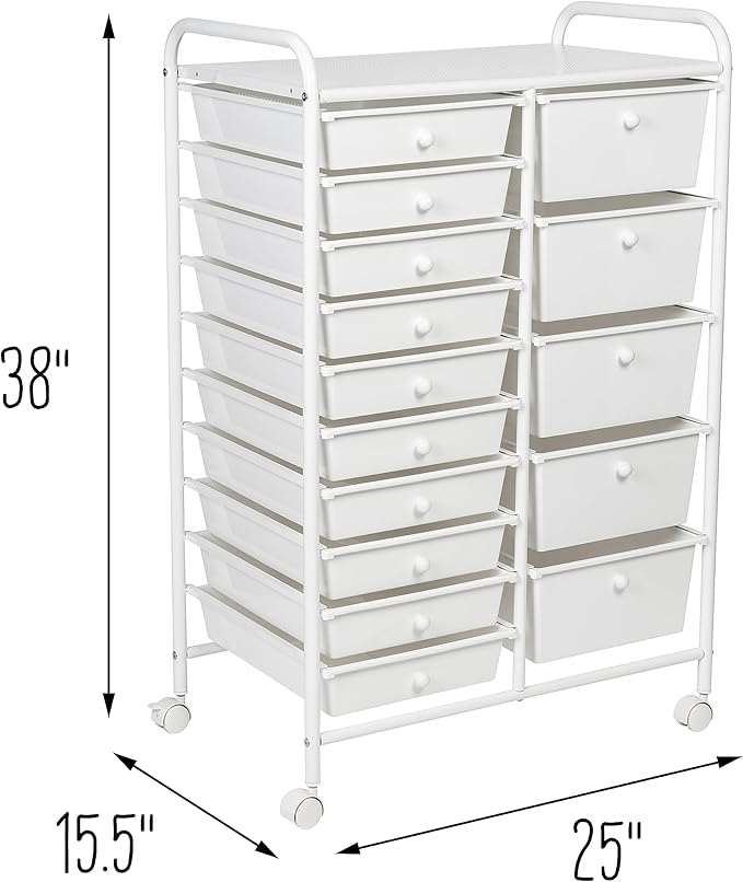 Honey-Can-Do 15-Drawer Metal Rolling Storage Cart, White Steel Multi-Purpose Organizer with Wheels, Heavy Duty Mobile Utility Trolley for Home Office, School, and Craft Supplies