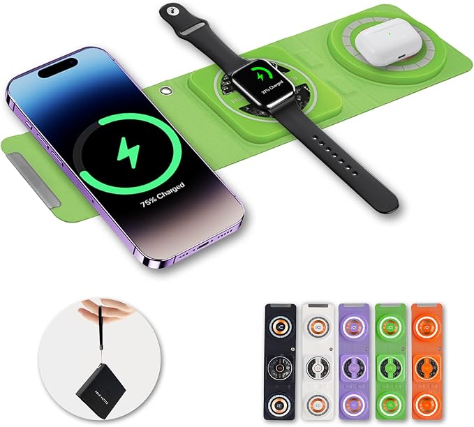 Fold 'N Style 3-in-1 Foldable Magnetic Wireless Charger Keychain 15W Travel Fast Charger for iPhone 15/14/13/12 Pro/Max/Plus Apple Watch AirPods Samsung Galaxy/Note Charge 2 Phones Simultaneously