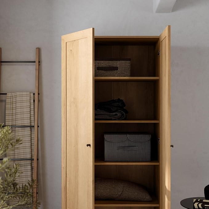 Prepac Yaletown 72" Tall Storage Cabinet with Wood Legs, Pantry Cabinet with 3 Adjustable Shelves, Bathroom, Kitchen and Home Organization in Natural Oak, 16" D x 32" W x 72" H