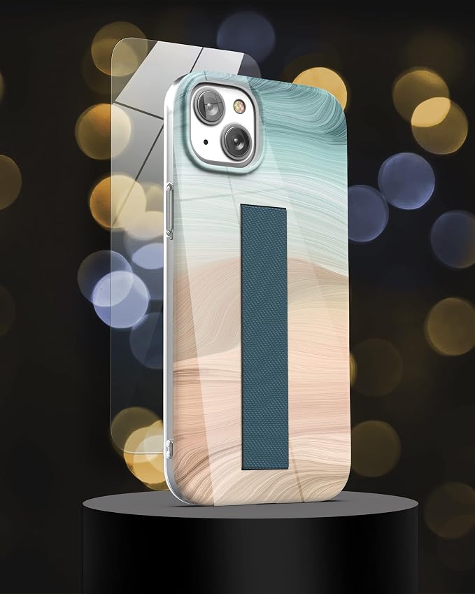 ENCASED Finger Loop Case Designed for iPhone 14 Plus Case with Hand Strap Phone Holder and Screen Protector (Black/Gold Marble)