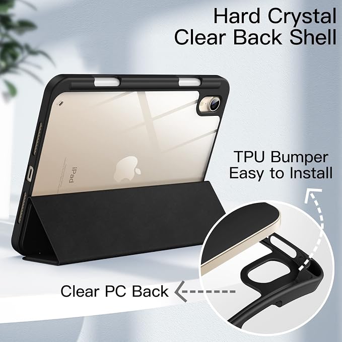 JETech Case Cover for iPad mini A17 Pro/6th Gen (2024/2021) Black | Clear Transparent Back Pencil Holder Slim Shockproof Protection Tri-Fold Stand Auto Wake/Sleep