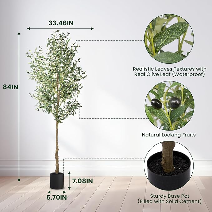 ANTING Artificial Olive Tree, 7FT Faux Olive Tree with Pot, 84in Faux Plants Indoor with Realistic Trunk, 1656 Leaves and 92 Fruits for Home Office Decor Outdoor 1Pack