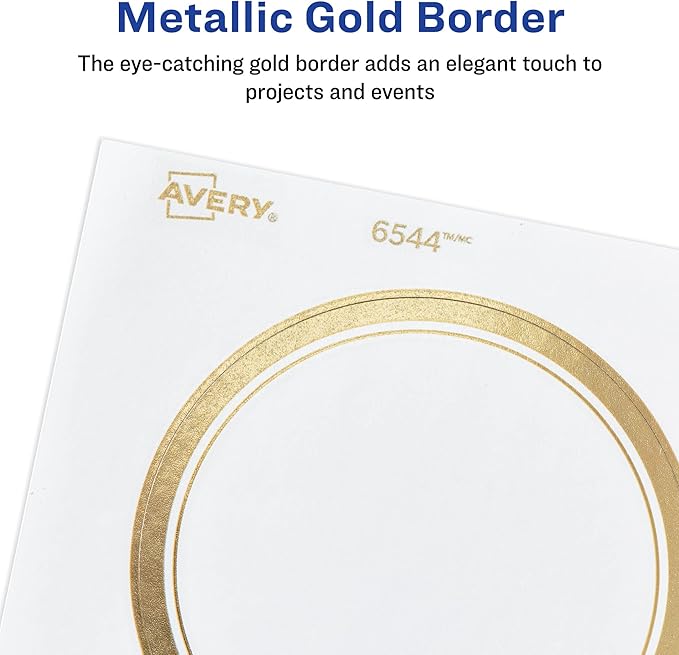 Avery Matte White Labels, Metallic Gold Borders, 3" Round Labels, 60 Total, Laser/Inkjet Printable (6544)