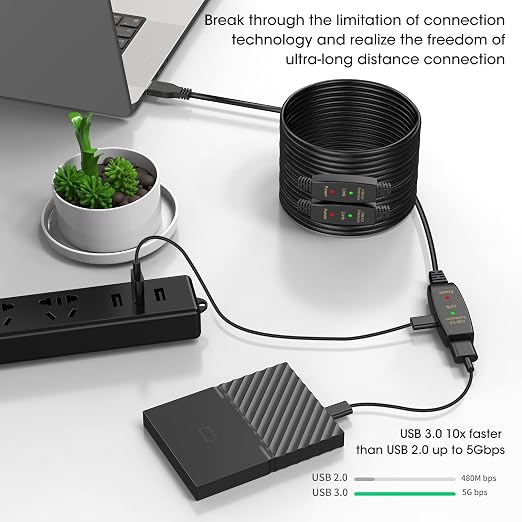 100ft Active USB 3.0 Extension Cable Male to Female USB Extender with 3 Signal Boosters SuperSpeed 5Gbps Data Cord (Micro USB Power Cable Included) for Webcams Printers VR Security Cameras