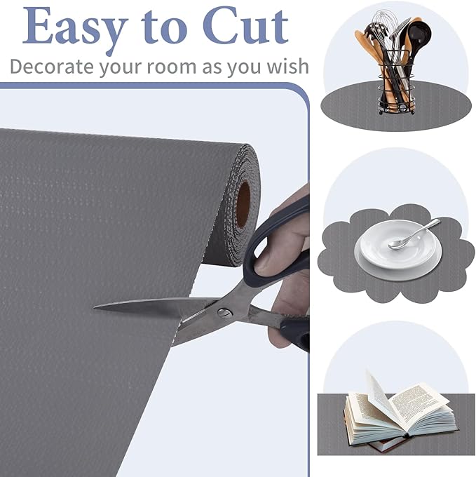 Drawer and Shelf Liner for Kitchen Cabinet: 17 in X 30 Ft Non Slip Waterproof Shelf Paper Non Adhesive Refrigerator Liners Gray Easy Liners for Bathroom Cupboard with Knife Tape Measure
