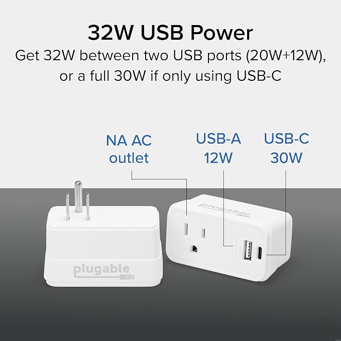 Plugable Outlet Extender with USB-C &amp USB-A Fast Charging - Wall Charger Block for iPhone 15/16. Pass-Through Design Travel &amp Office