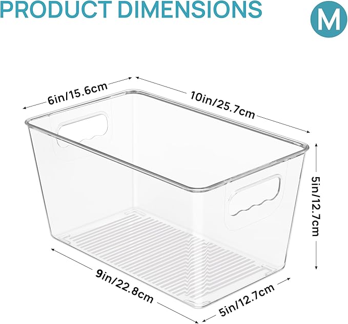 Vtopmart Clear Plastic Storage Bins, 6 PCS Pantry Organizer Bins with Handle for Refrigerator, Fridge, Cabinet, Kitchen, Countertops, Cupboard, Freezer Organization,Medium