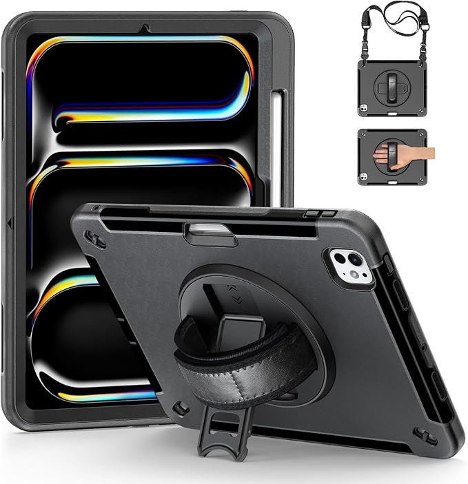 Junfire Protective Case for iPad Pro 11-inch M5/M4-Black | Hand Strap 360°Rotating Kickstand Carrying Shoulder Belt， Pencil Holder Shockproof Rugged