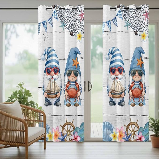 Ocean Gnome Outdoor Curtains for Patio Summer Marine Plumeria Shell Wooden