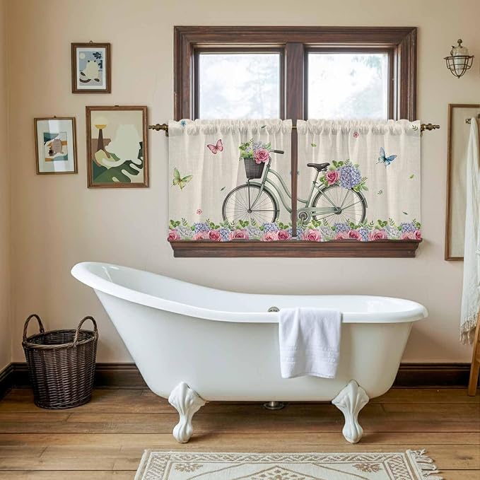 Farmhouse Spring Tier Curtains, Retro Bicycles Flowers Vines Butterfly Light