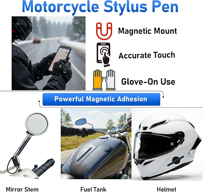 Motorcycle Stylus Pen，Magnetic Stylus，Magnet Pen，Phone Stylus for Motorcycle， Motorcycle Touch Pen， Glove-Friendly Pen，Metal Plates，Replacement Tips， Anti-Loss Strap，Strong Magnet