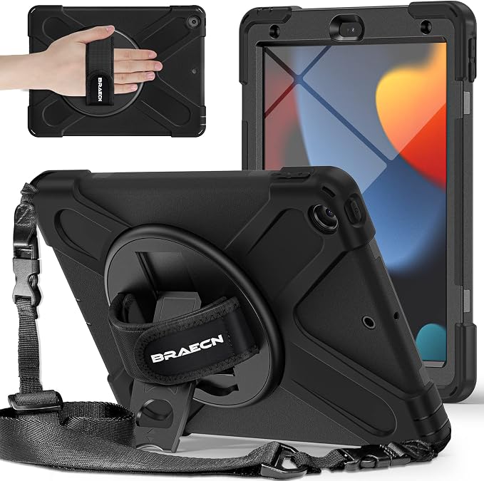 BRAECNstock Shockproof Case for iPad 9th/8th/7th Gen 10.2 Blue | All-in-1 Case Hand Strap &amp Stand Shoulder Straps Pencil Holder Screen Protector – For Office Commute &amp Presentation