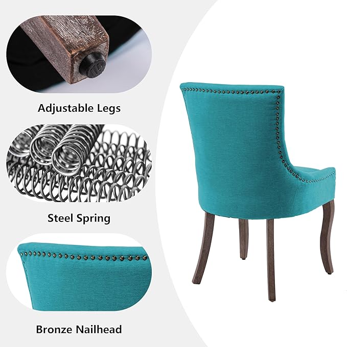 Farmhouse Dining Chairs Set of 6, Upholstered Fabric Dining Room Accent Chairs with Wood Legs & Bronze Nailhead, High Wingback Kitchen Chairs for Living Room Hotel Apartment, Blue