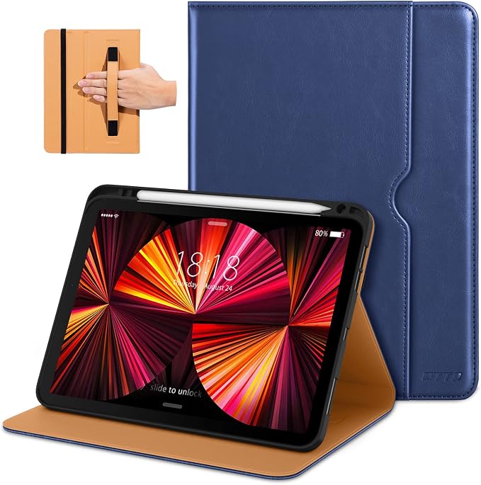 DTTO Case for iPad Pro 11 Inch 4th / 3rd / 2nd / 1st Generation 2022/2021/2020/2018Premium PU Leather Folio Stand Cover with Hand Strap Auto Wake/SleepMultiple Viewing Angles Black