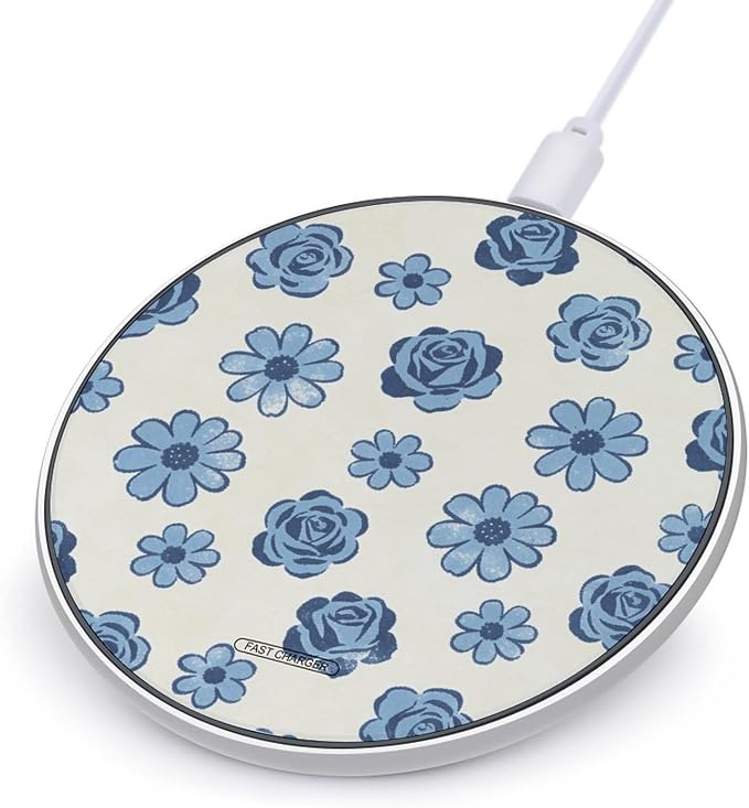 Blue Flower Print Wireless Charger Portable Fast Charging Pad Lightweight Wireless Charging Pad 10W Slim Charging Station for Phone Charger Mat for Travel Home Office Desk