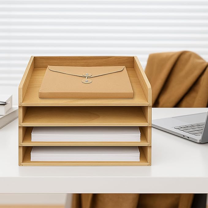 Prolee Stackable Paper Tray,Wooden Paper Organizer for Desk with 4 Letter Trays,Papers Holder and Office Document Organizer Shelf for Mail File Document(Oak,14" x 9.5" x 2.5")